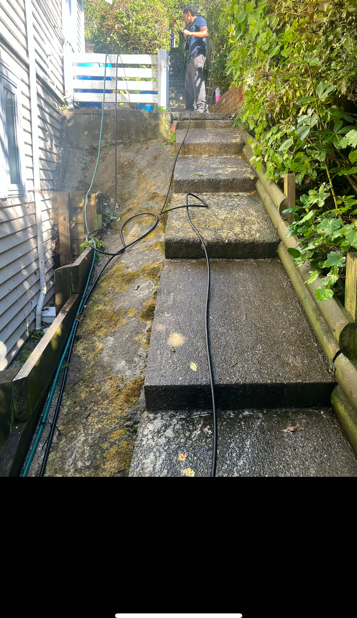 Concrete path covered in moss and grime before pressure washing
